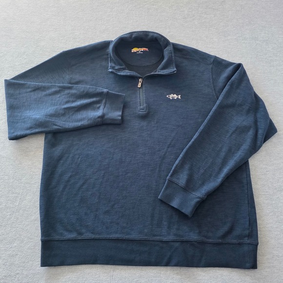Orvis Mens XL Navy Blue Textured Quarter Zip Pullover Sweater Fish Logo - Picture 2 of 8